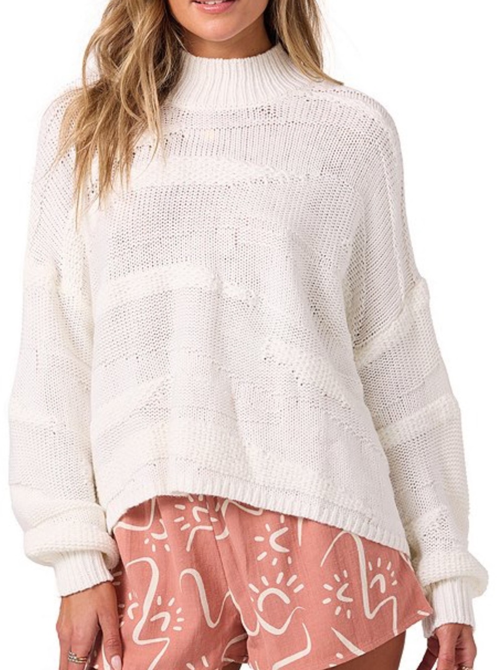 O'Neill Kastalyn Long Sleeve Knit Patterned Sweater, Winter White, Small,NEW NWT